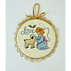 Vintage Cross Stitch Love Angel Lamb Ornament Grannycore Gold Trim Handmade